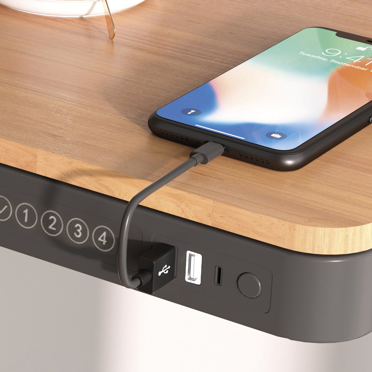 Dellonda Single Motor Ultra-Quiet Electric Desk with Control Panel, USB Port & Drawer - Oak Desktop DH65