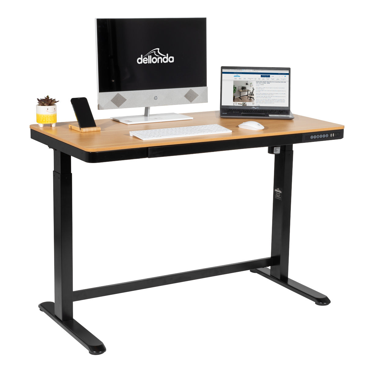 Dellonda Single Motor Ultra-Quiet Electric Desk with Control Panel, USB Port & Drawer - Oak Desktop DH65