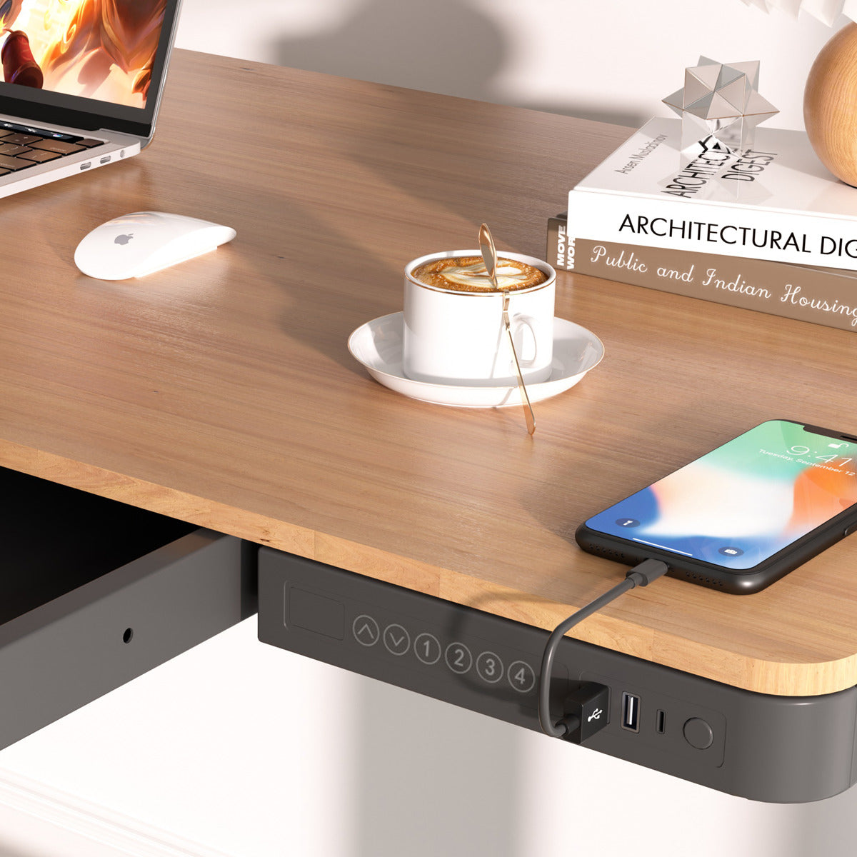 Dellonda Single Motor Ultra-Quiet Electric Desk with Control Panel, USB Port & Drawer - Oak Desktop DH65