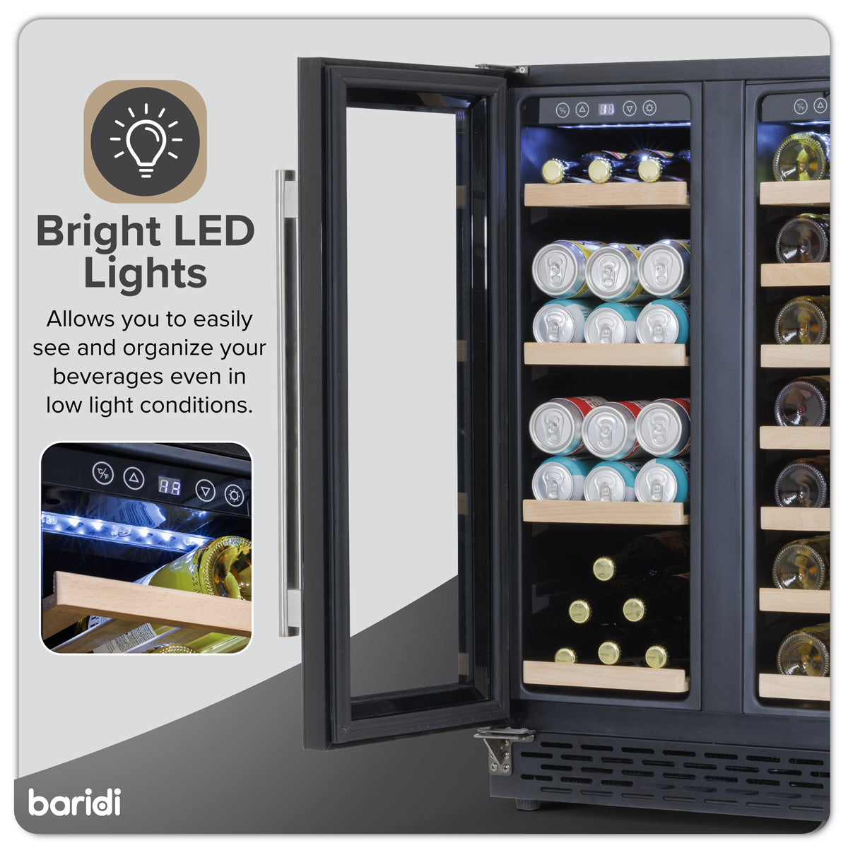 Baridi 40 Bottle/120 Can Dual Zone Undercounter/Freestanding Wine & Drinks Fridge - Black DH96