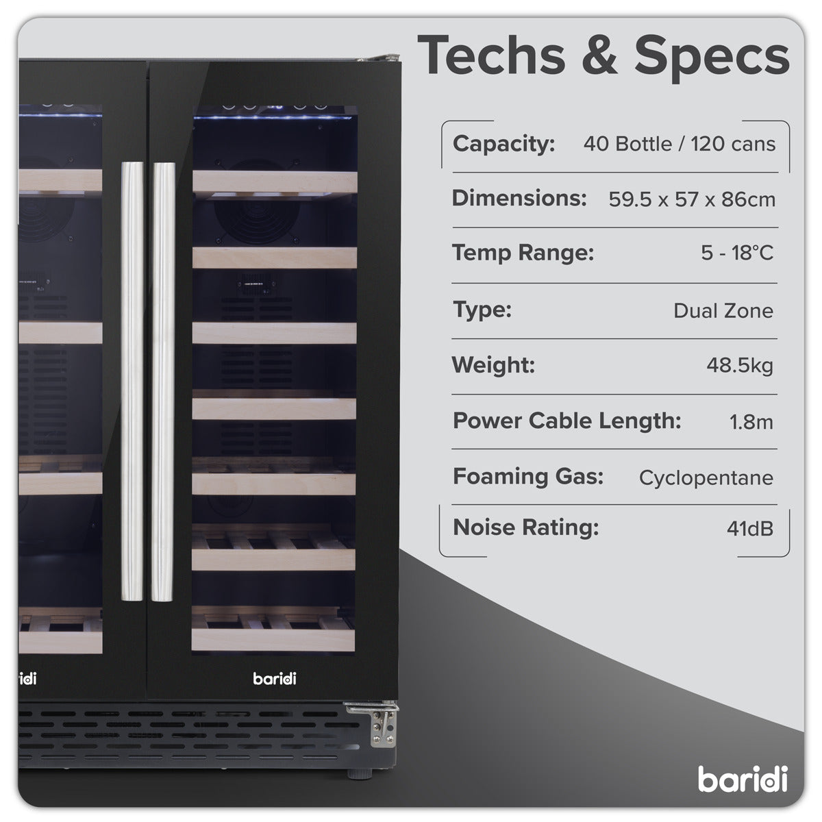 Baridi 40 Bottle/120 Can Dual Zone Undercounter/Freestanding Wine & Drinks Fridge - Black DH96