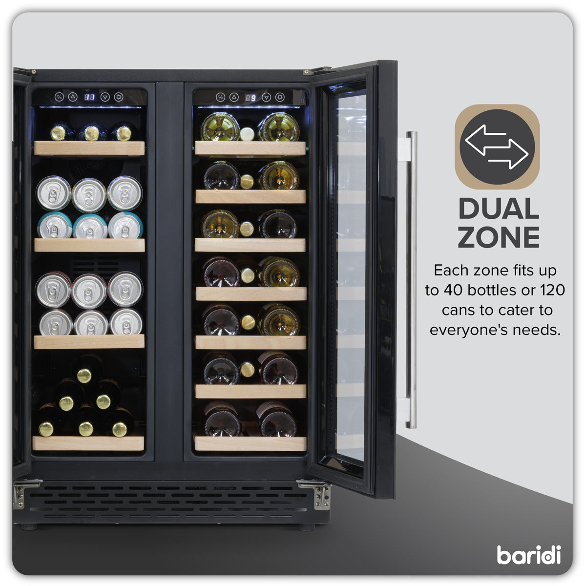 Baridi 40 Bottle/120 Can Dual Zone Undercounter/Freestanding Wine & Drinks Fridge - Black DH96