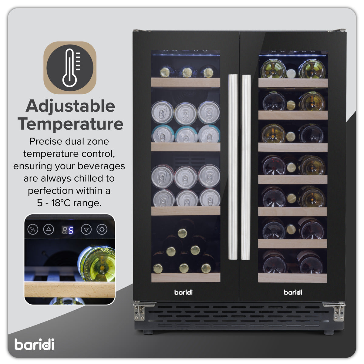 Baridi 40 Bottle/120 Can Dual Zone Undercounter/Freestanding Wine & Drinks Fridge - Black DH96