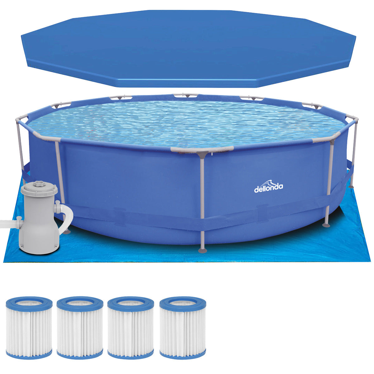 Dellonda Steel Frame Round Swimming Pool & Filter Pump with Cover, Ground Sheet, Test Strips & Filters 12ft - Blue DL138