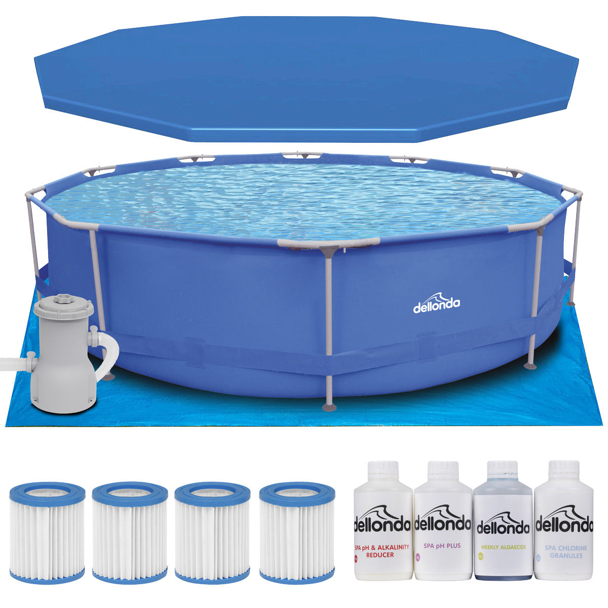 Dellonda Steel Frame Round Swimming Pool & Filter Pump with Cover, Ground Sheet, Test Strips & Filters 12ft - Blue DL138