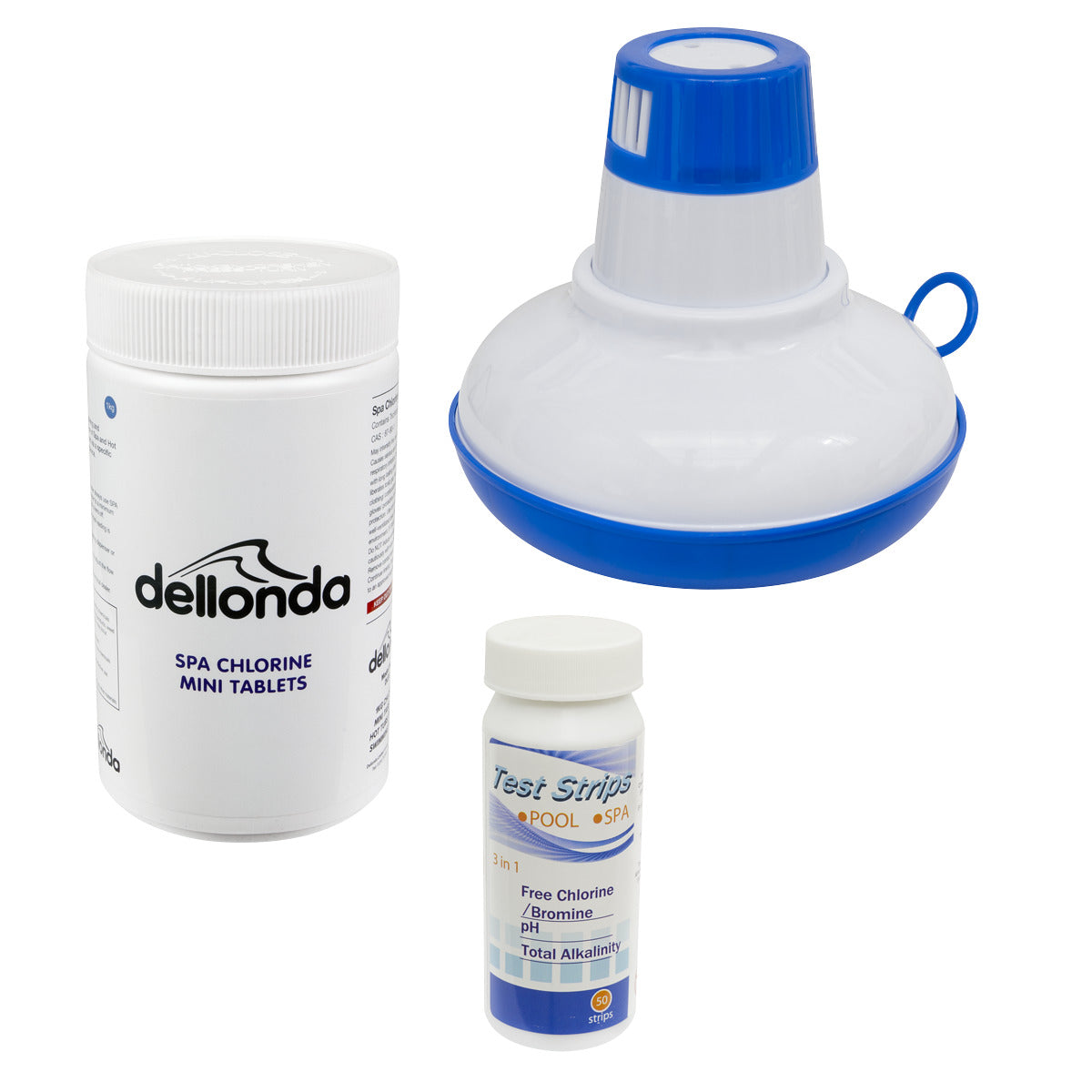 Dellonda Hot Tub/Spa & Swimming Pool Chlorine Pack includes Chlorine Mini Tabs 1kg, Chemical Floaters & 3-in-1 Test Strips DL97