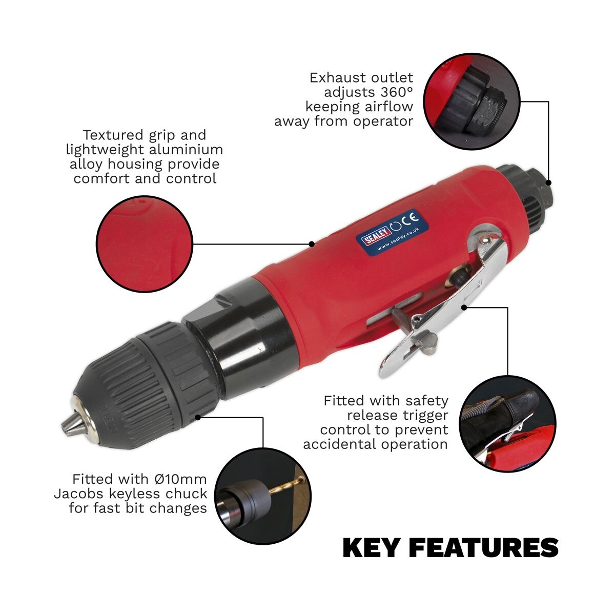 Sealey Generation Straight Air Drill with Keyless Chuck 10mm - Image 5