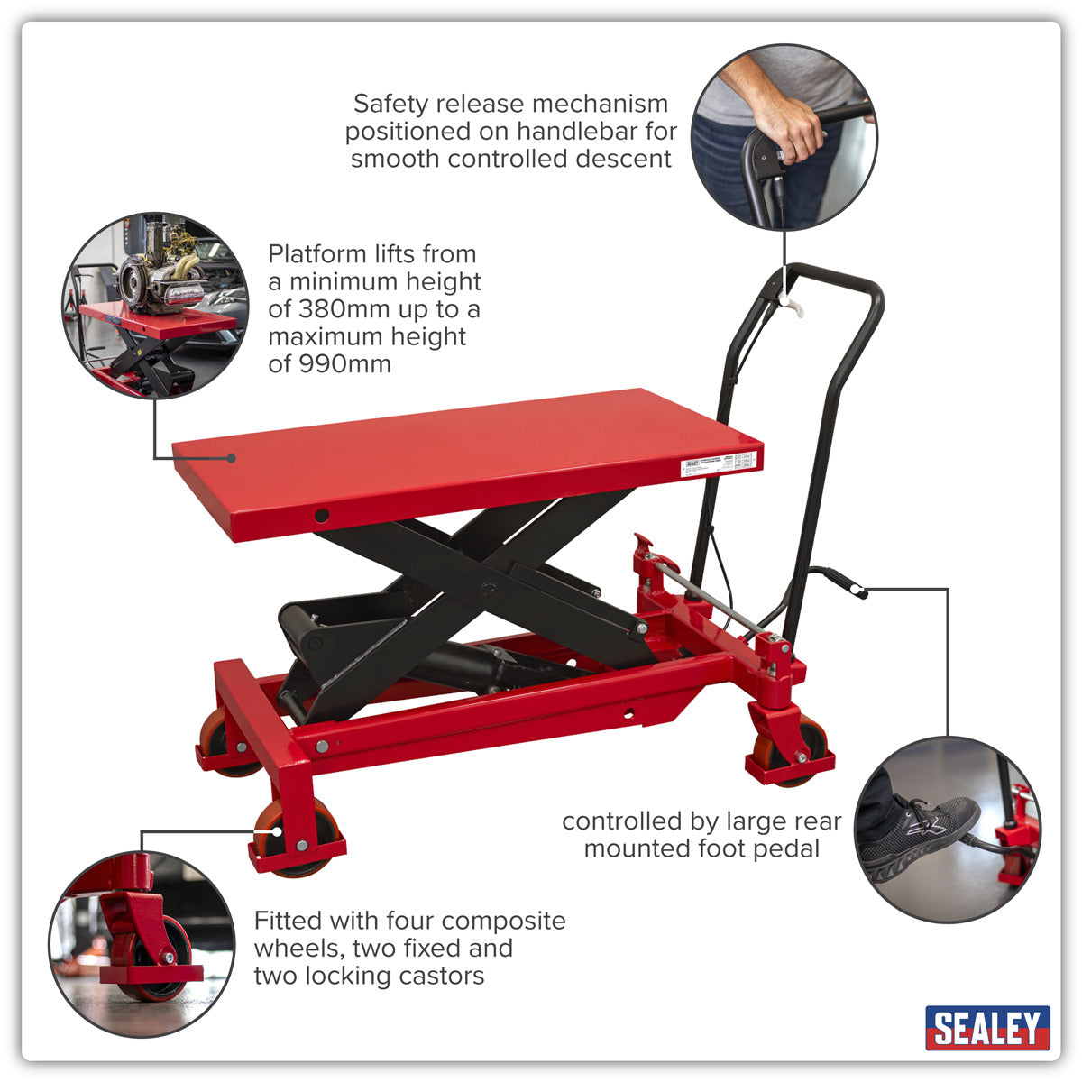 Sealey Hydraulic Scissor Lift Platform Table 1000kg Capacity HPT1000