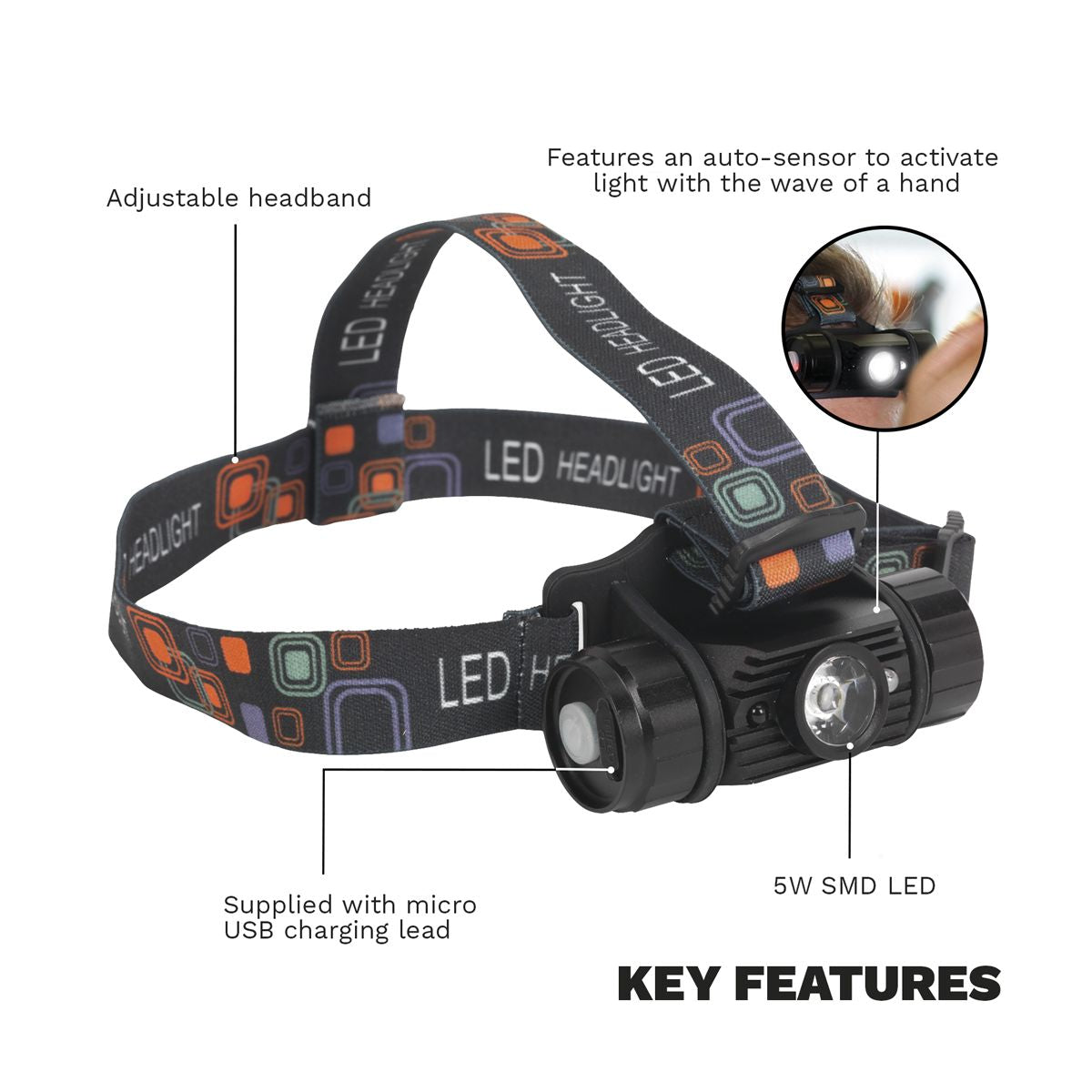 Sealey Rechargeable Head Torch with Auto-Sensor 5W SMD LED - Image 2