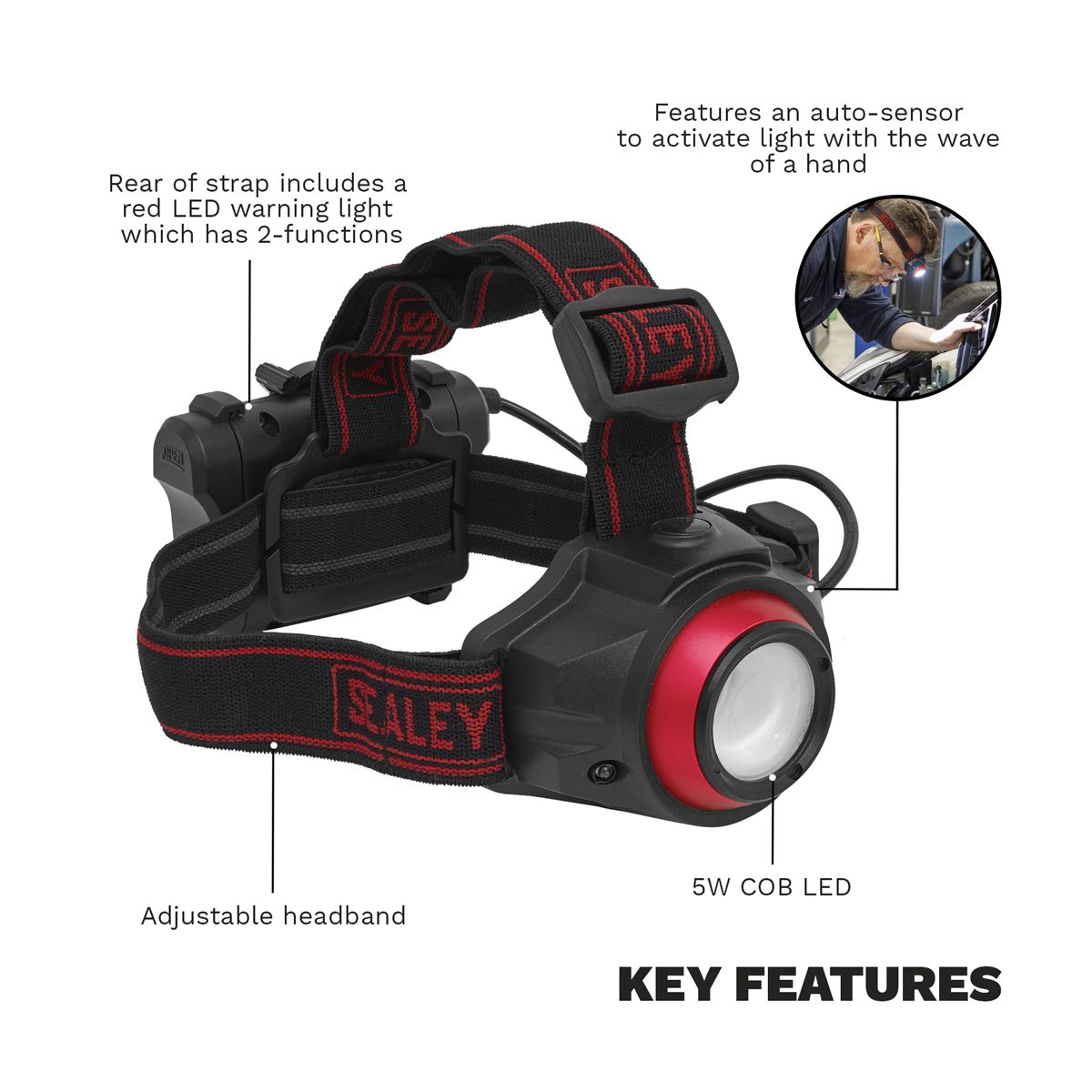 Sealey Rechargeable Head Torch with Auto-Sensor 5W COB LED - Image 2
