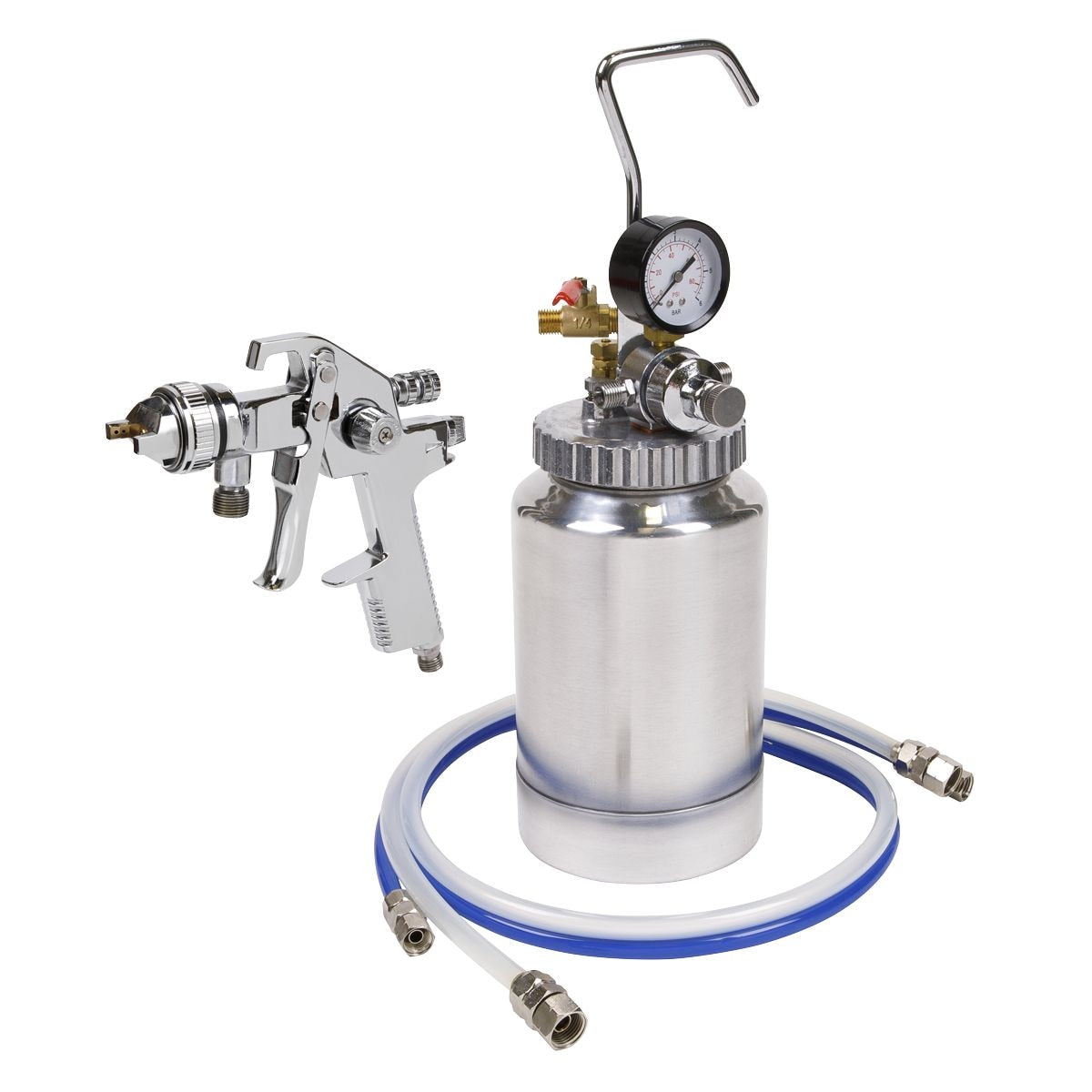 Sealey HVLP Pressure Pot System with Spray Gun & Hoses 1.7mm Set-Up - Image 1