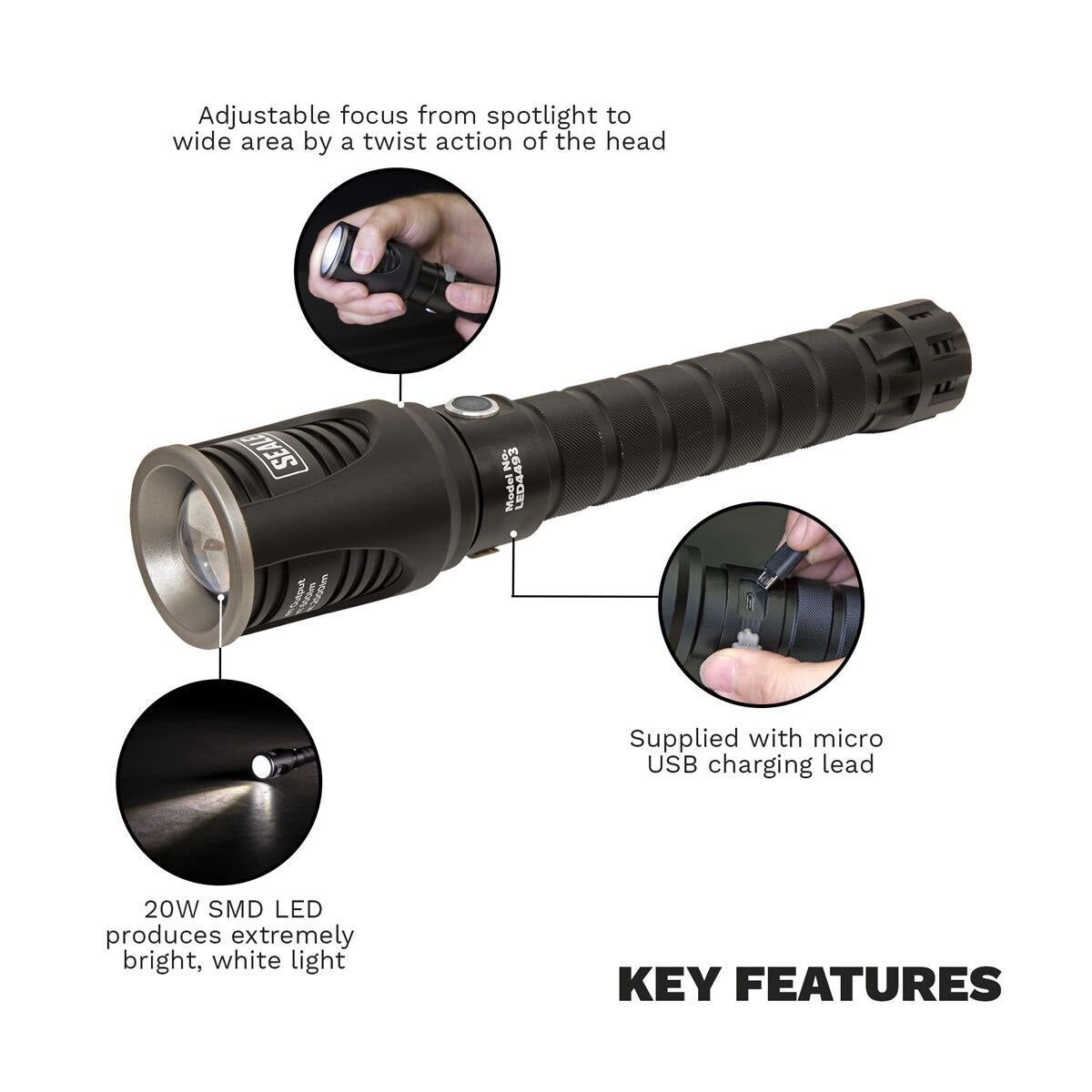 Sealey Rechargeable Aluminium Torch with Adjustable Focus 20W SMD LED - Image 4