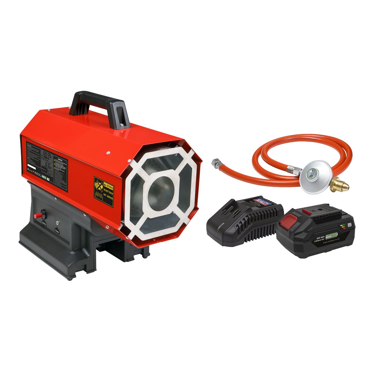 Sealey 230V Space Warmer Propane Heater 30,000-68,000Btu/hr (9-20kW) with 20V 4Ah Kit - Image 1