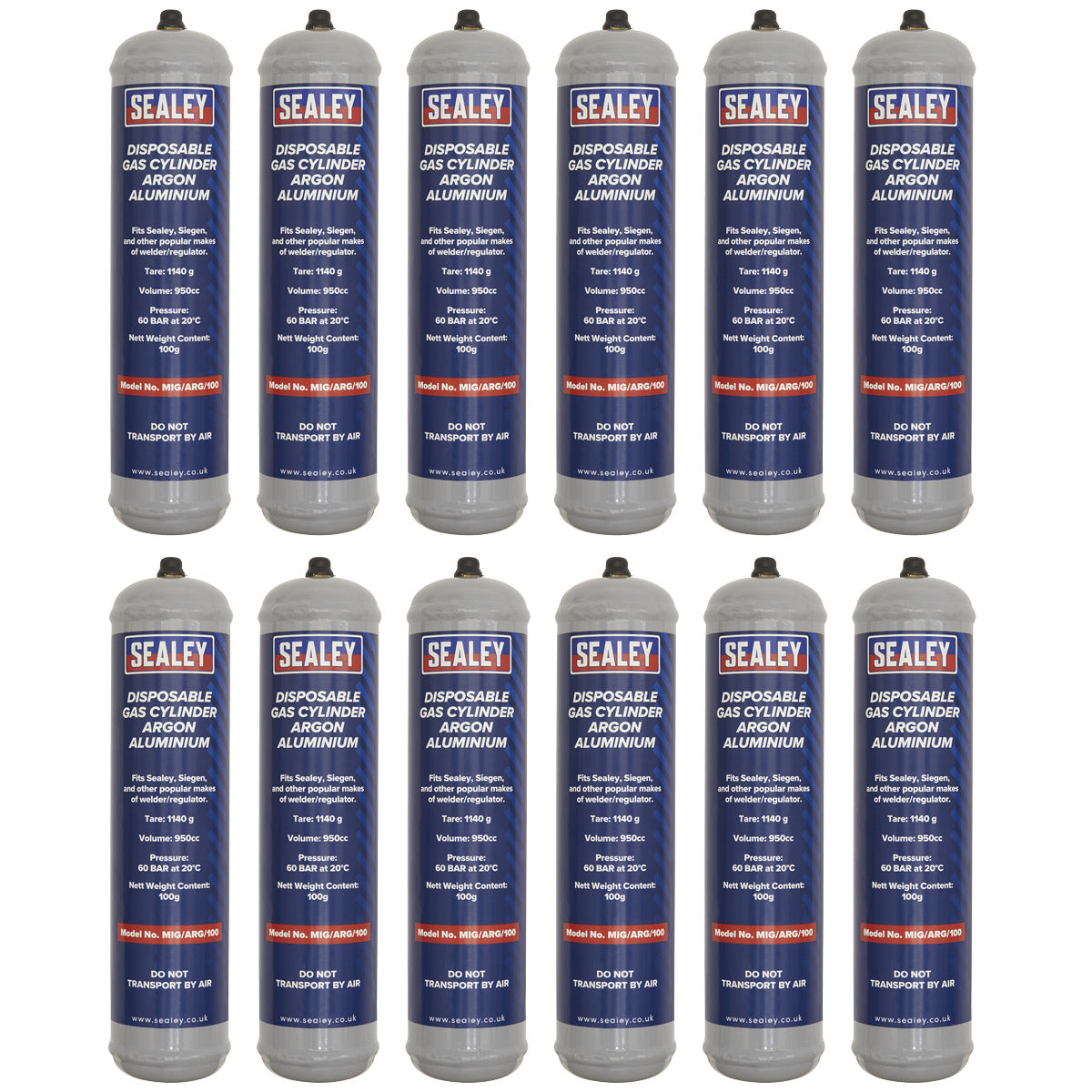 Sealey Disposable Argon Gas Cylinder 100g - Box of 12 MIG/ARG/100/12