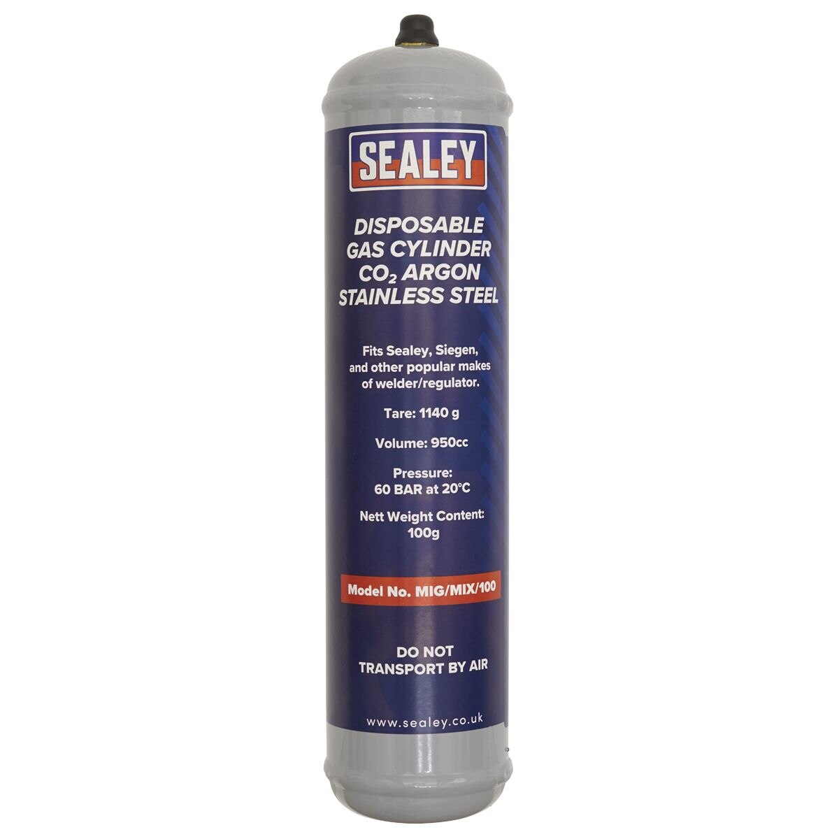 Sealey Disposable Carbon Dioxide/Argon Gas Cylinder 100g - Image 2