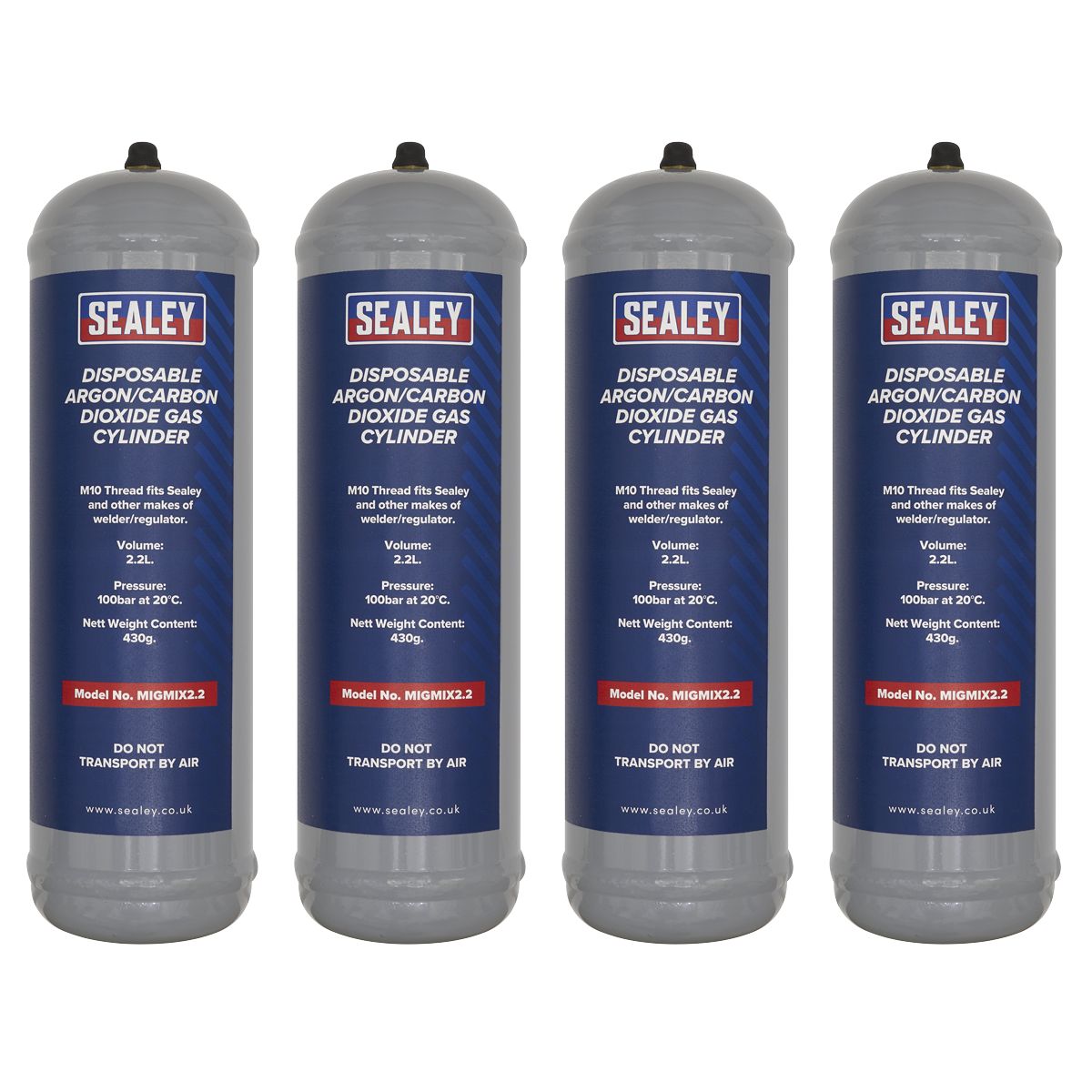 Sealey Disposable Argon/Carbon Dioxide Gas Cylinder 430g, 2.2L - Pack of 4 - Image 1