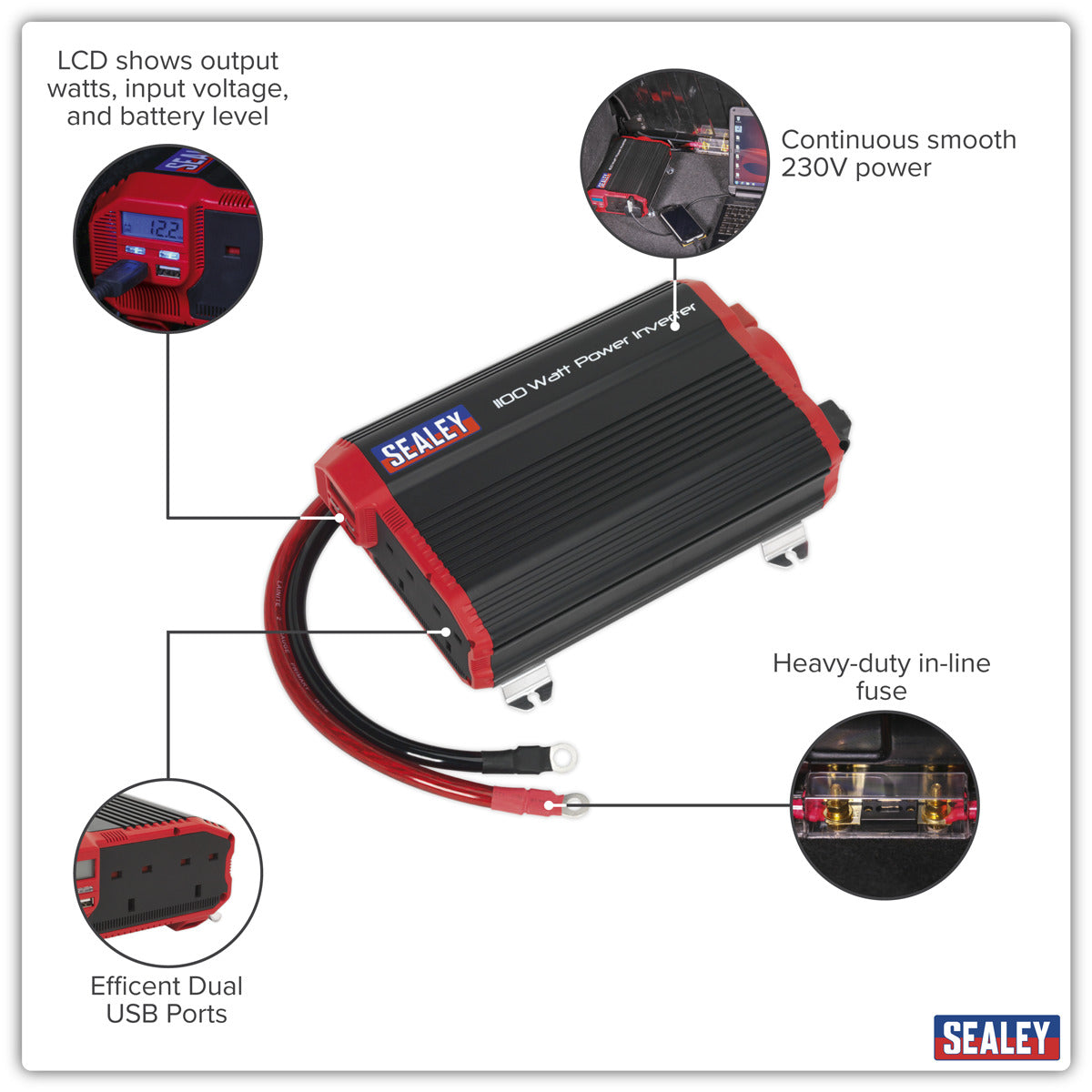 Sealey Modified Sine Wave Power Inverter 1100W 12V PI1100