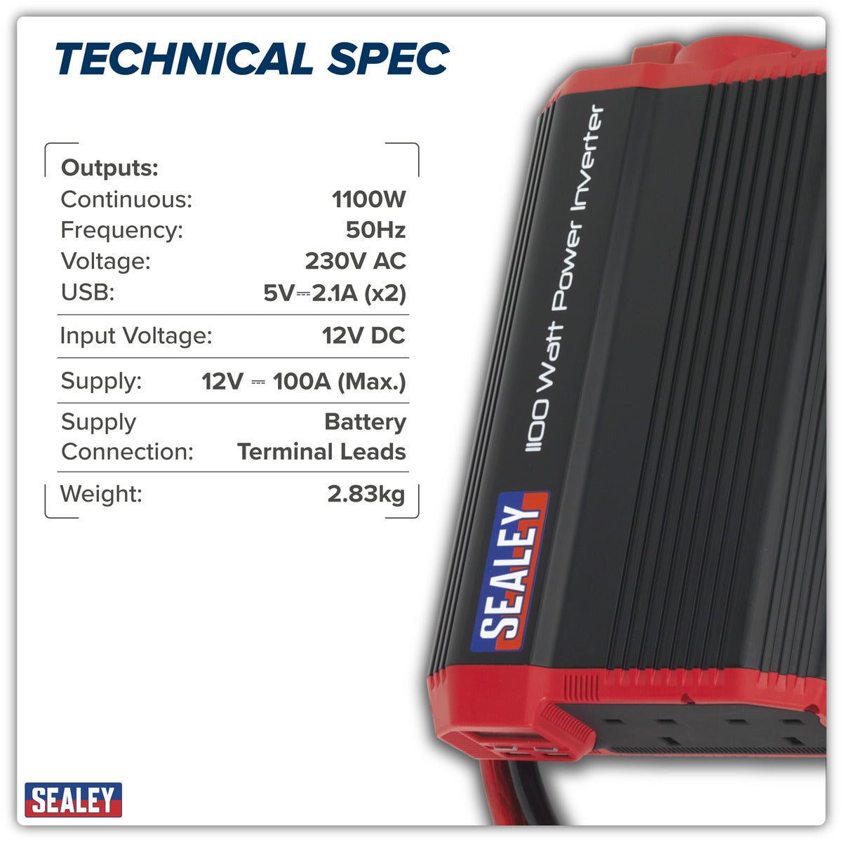 Sealey Modified Sine Wave Power Inverter 1100W 12V PI1100