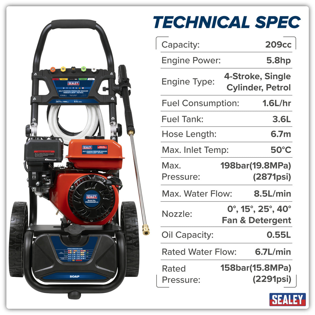 Sealey Pressure Washer 198bar 513L/hr Self-Priming 5.8hp Petrol PWM2500SP