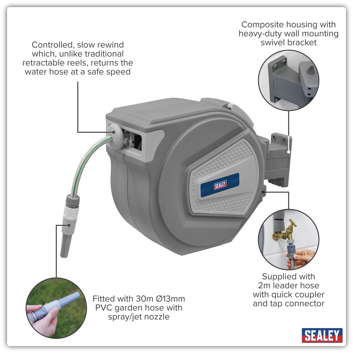 Sealey Auto-Rewind Control Garden Hose Reel 30m RWH30