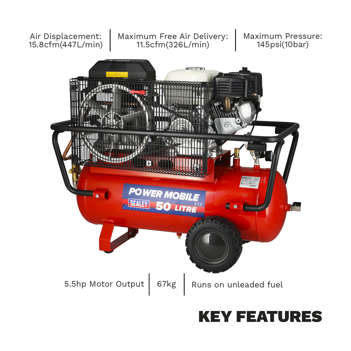 Sealey 50L Belt Drive Air Compressor with Petrol Engine 5.5hp SA5055