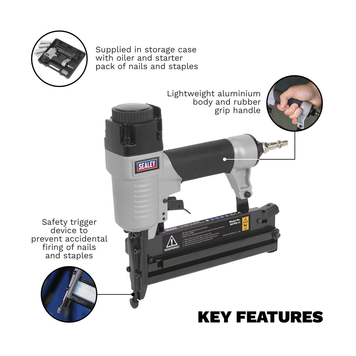 Sealey Air Nail/Staple Gun 10-50mm/10-40mm Capacity SA792