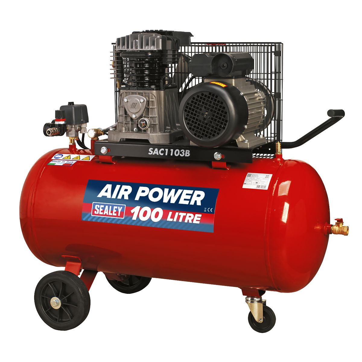 Sealey 100L Belt Drive Air Compressor with Cast Cylinders & Wheels 3hp - Image 1