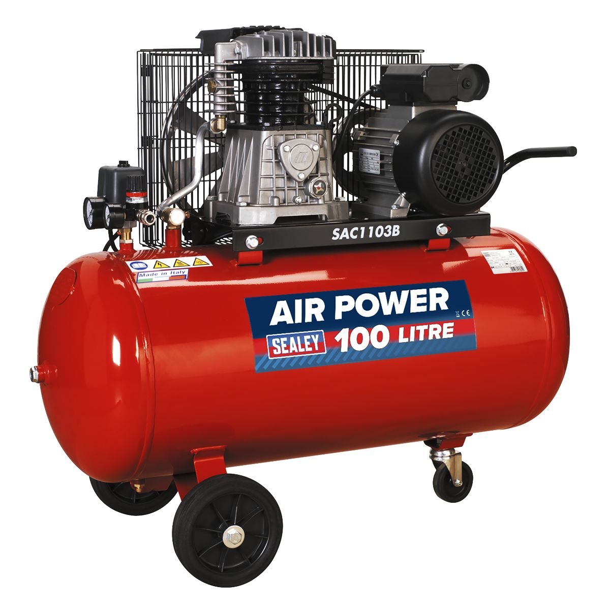 Sealey 100L Belt Drive Air Compressor with Cast Cylinders & Wheels 3hp - Image 2