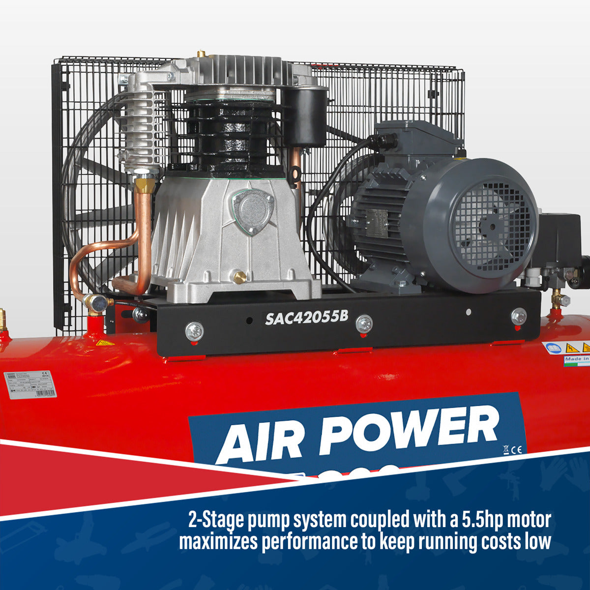 Sealey 200L Belt Drive Air Compressor with Cast Cylinders 5.5hp 2-Stage SAC42055B