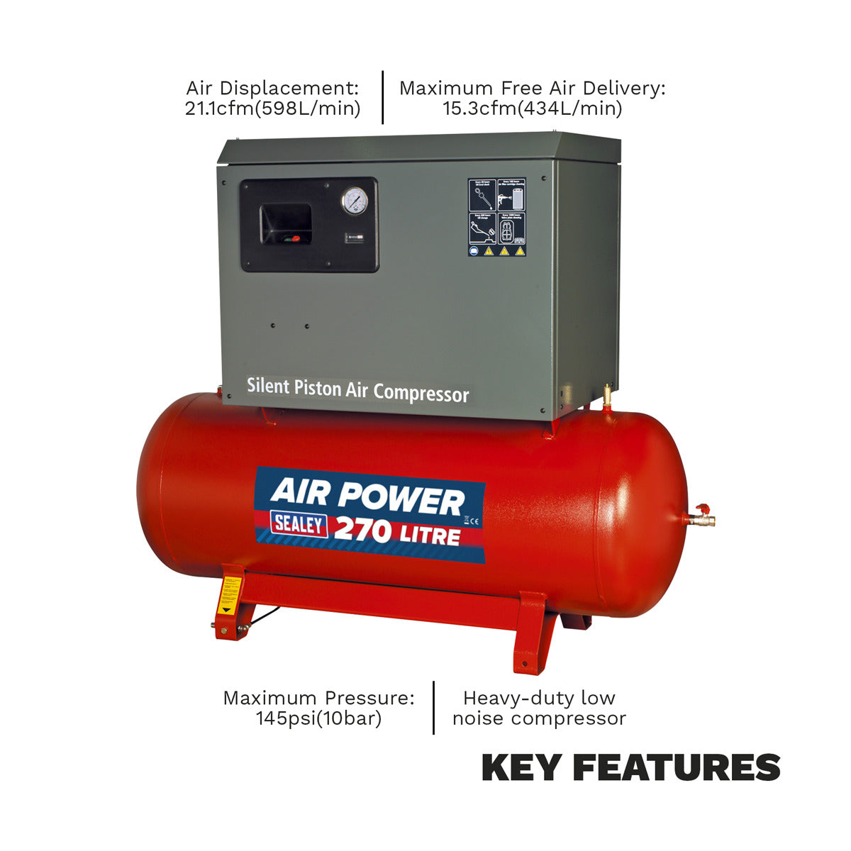 Sealey 270L Low Noise Belt Drive Air Compressor with Cast Cylinders 5.5hp 2-Stage SAC42755BLN