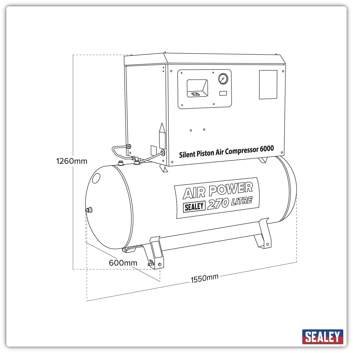 Sealey 270L Low Noise Belt Drive Air Compressor with Cast Cylinders 5.5hp 2-Stage SAC42755BLN