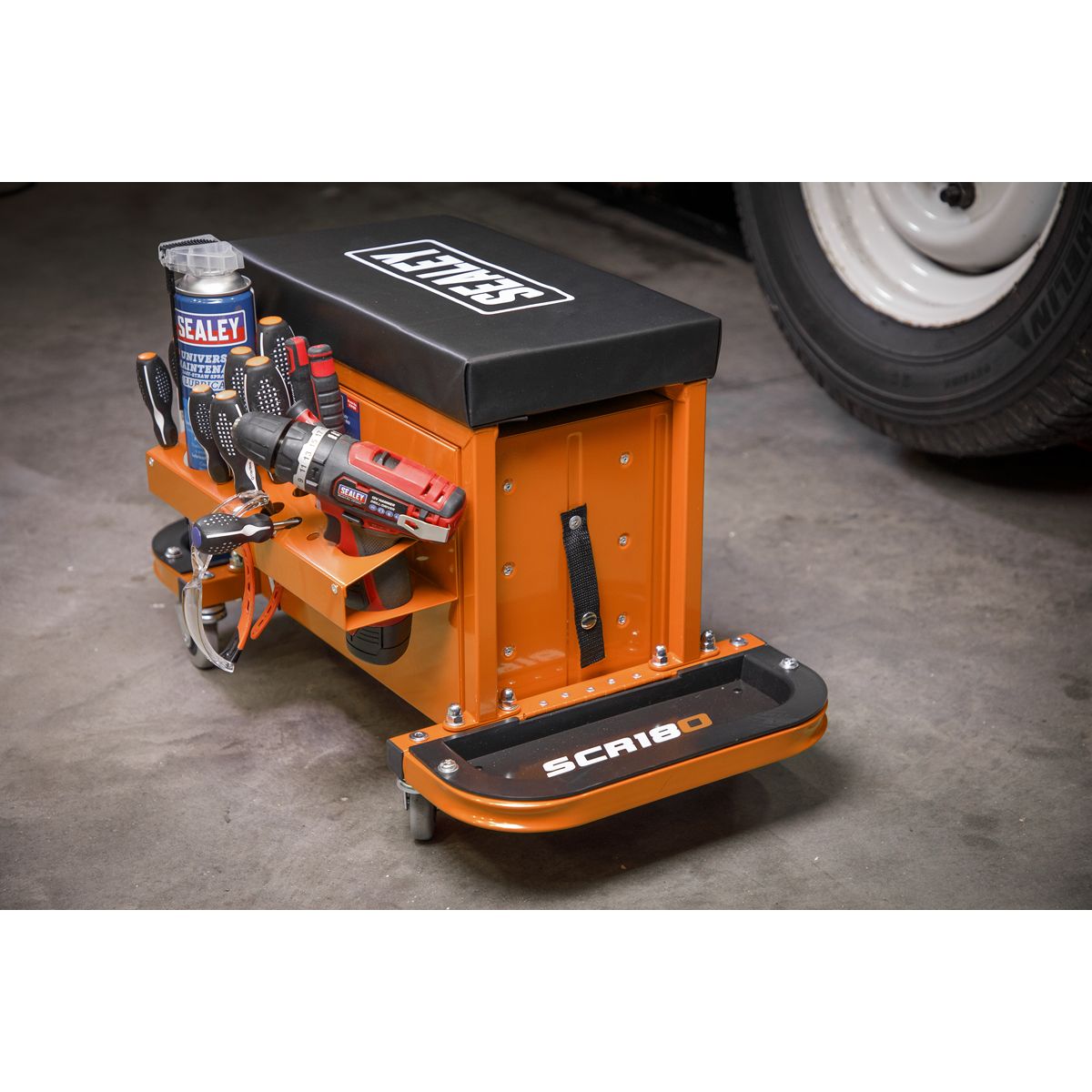 Sealey Mechanic's Utility Seat & Toolbox - Orange - Image 10