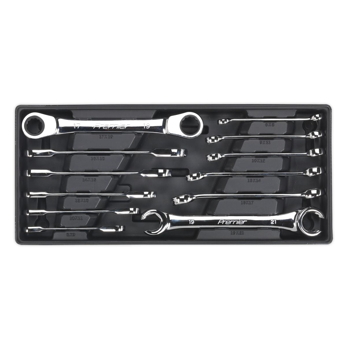 Sealey Premier Flare Nut & Ratchet Ring Spanner Set with Tool Tray 12pc - Image 1