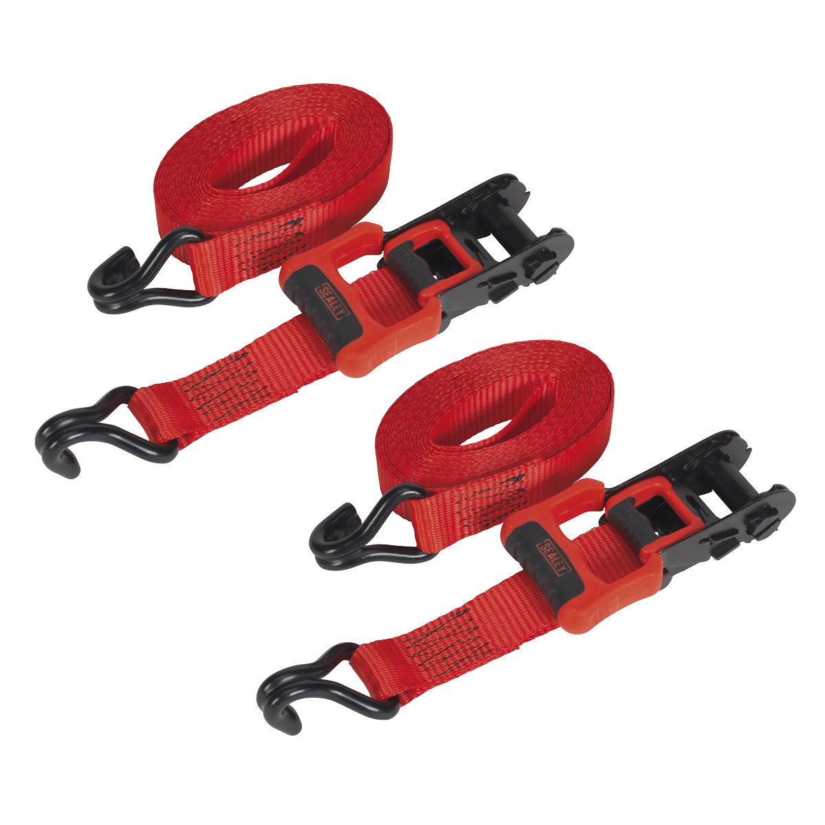 Sealey Ratchet Straps Polyester Webbing with J-Hooks 32mm x 4.9m 1200kg Breaking Strength - 2 Pairs - Image 1