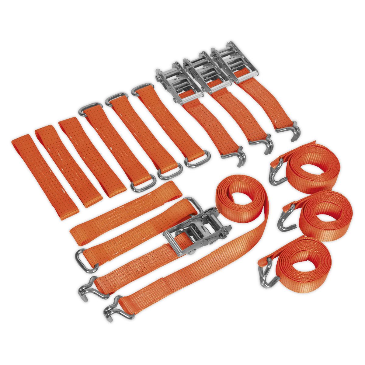 Sealey Alloy/Steel Wheel Car Transporter Ratchet Strap Kit 4pc 50mm x 3m 4500kg Breaking Strength - Image 1