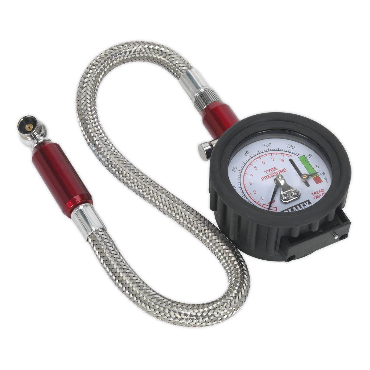 Sealey Tyre Pressure Gauge & Tyre Tread Depth Gauge with Flexible Hose 0-8bar(0-120psi) - Image 1
