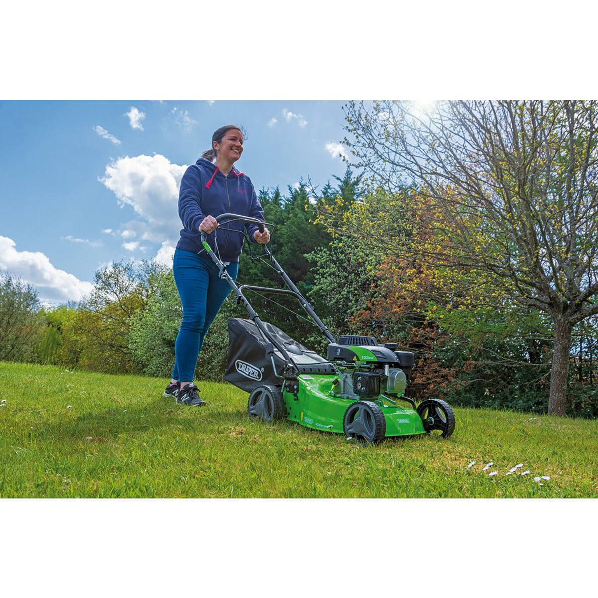 Draper Steel Deck Petrol Lawn Mower, 410mm, 132cc/3.3HP 08671