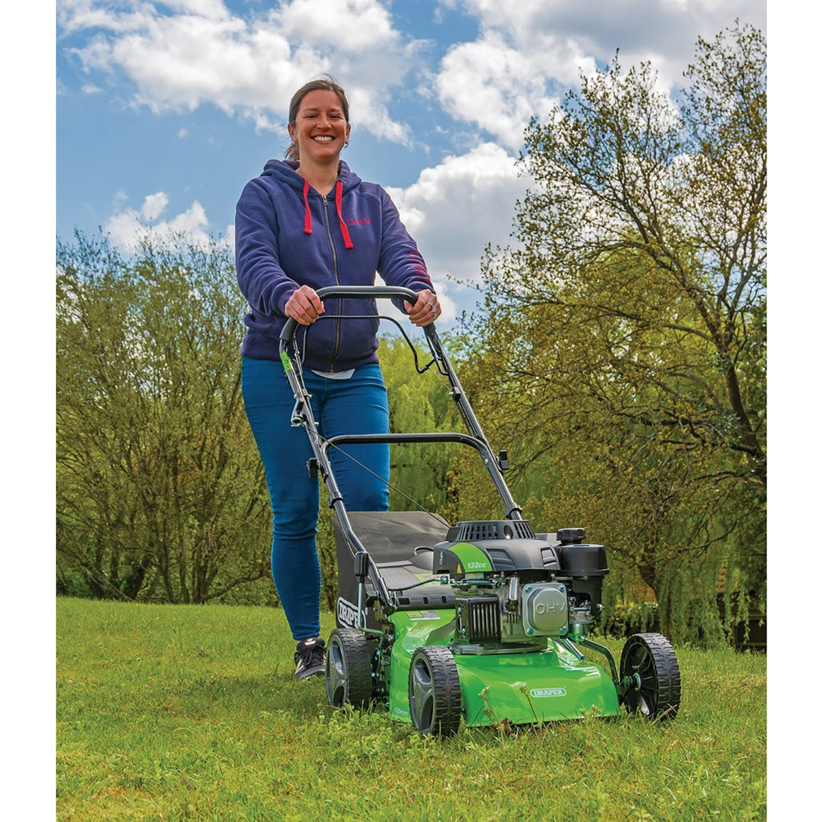 Draper Steel Deck Petrol Lawn Mower, 410mm, 132cc/3.3HP 08671