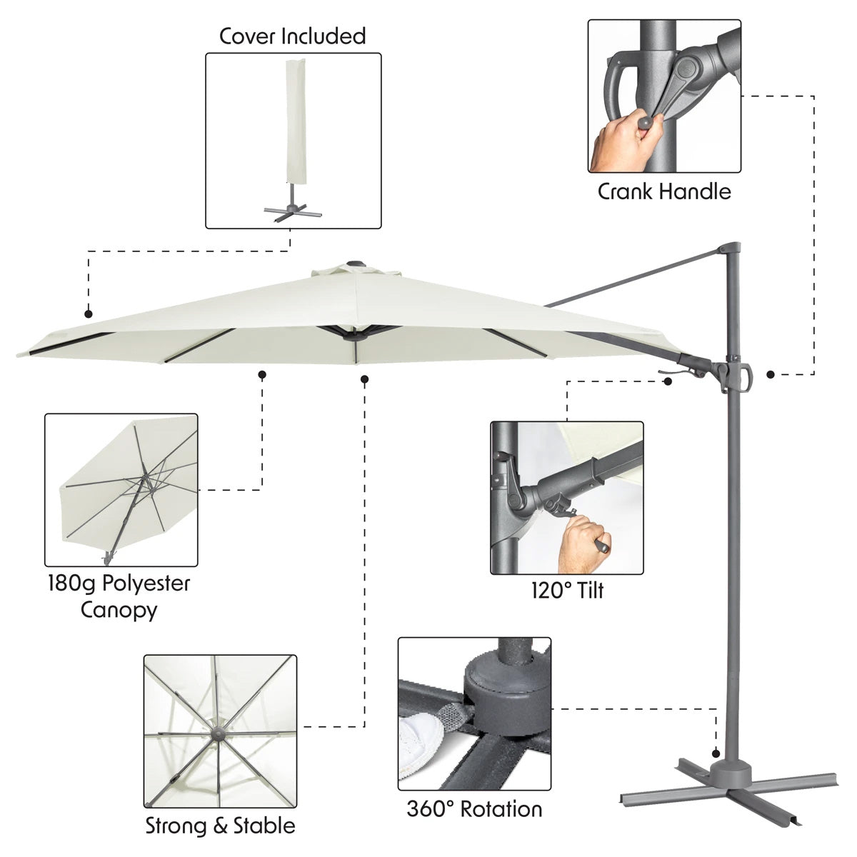 Dellonda Cantilever Parasol with 360° Rotation, Tilt & Cover 3m - Cream DG268