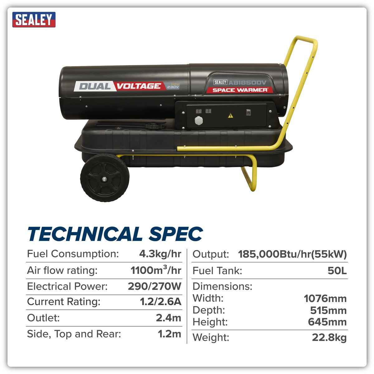 Sealey Dual Voltage Space Warmer Kerosene/Diesel Heater with Wheels 185,000Btu/hr(55kW) AB1850DV