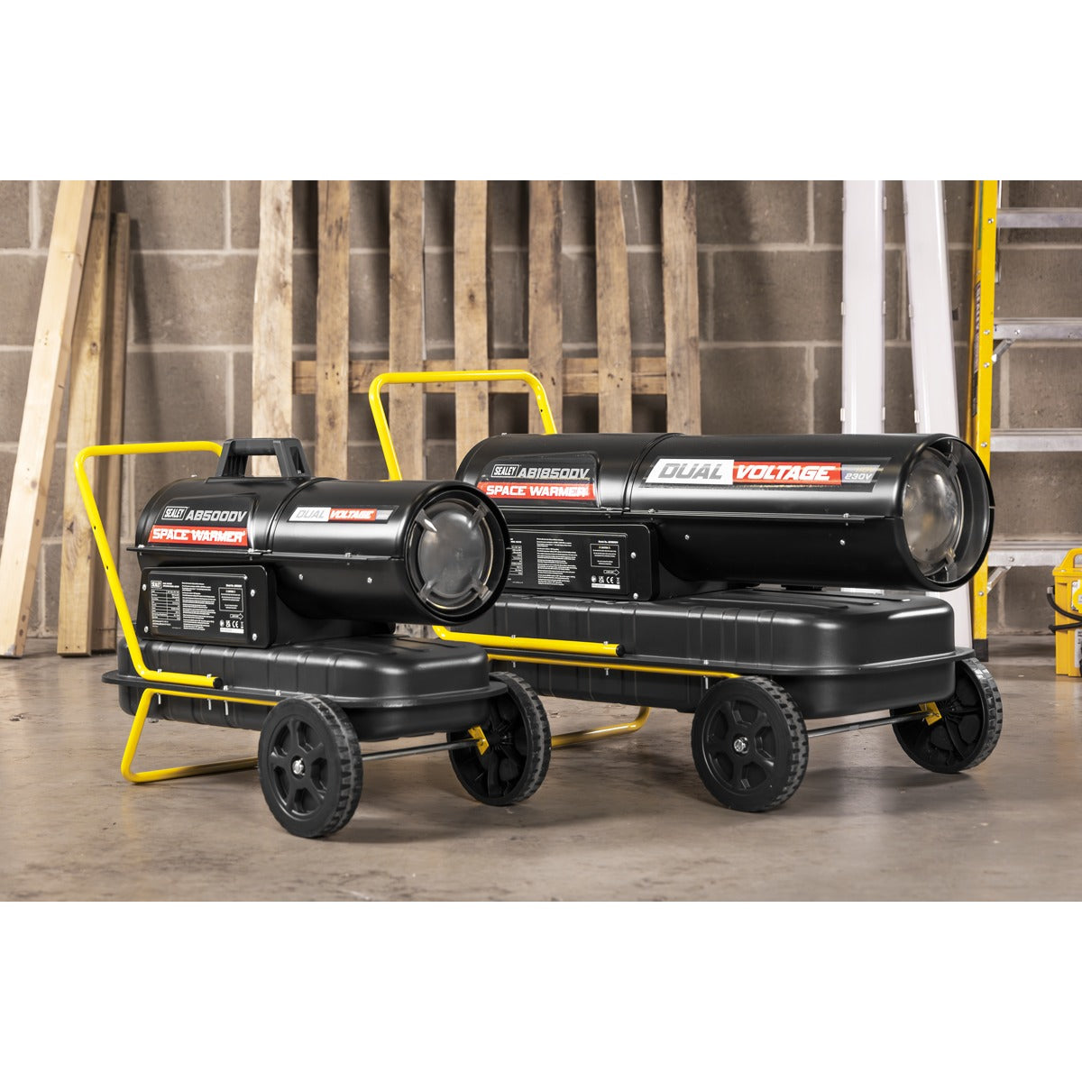 Sealey Dual Voltage Kerosene/Diesel Space Warmer Heater with Wheels 50,000Btu/hr AB500DV