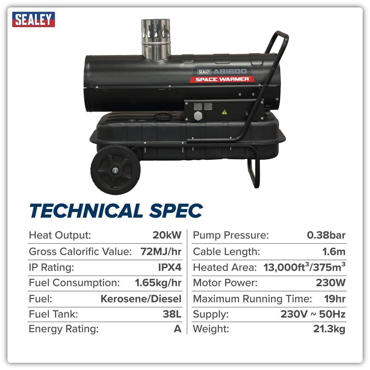 Sealey Space Warmer Indirect Kerosene/Diesel Heater with Wheels 68,000Btu/hr ABI600