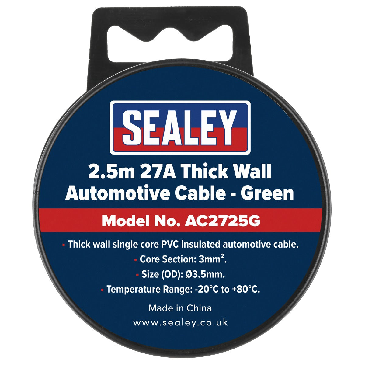 Sealey 27A Thick Wall Automotive Cable 2.5m - Green AC2725G