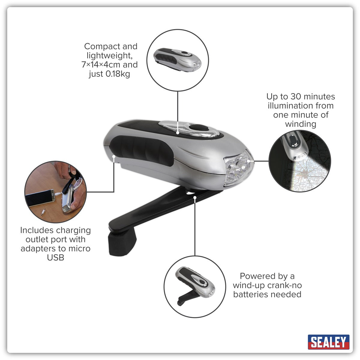 Sealey Rechargeable Wind-Up Torch 3 LED AK3305