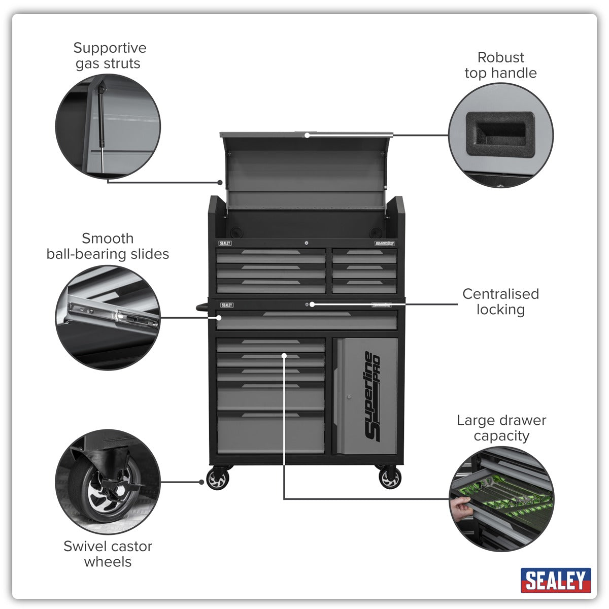 Sealey Superline Pro Topchest & Rollcab Combination 12 Drawer & 1 Door Cupboard - Grey AP1080GR