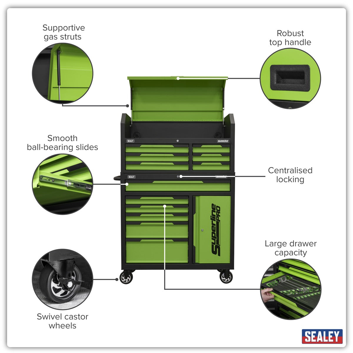 Sealey Superline Pro Topchest & Rollcab Combination 12 Drawer & 1 Door Cupboard - Green AP1080HVG