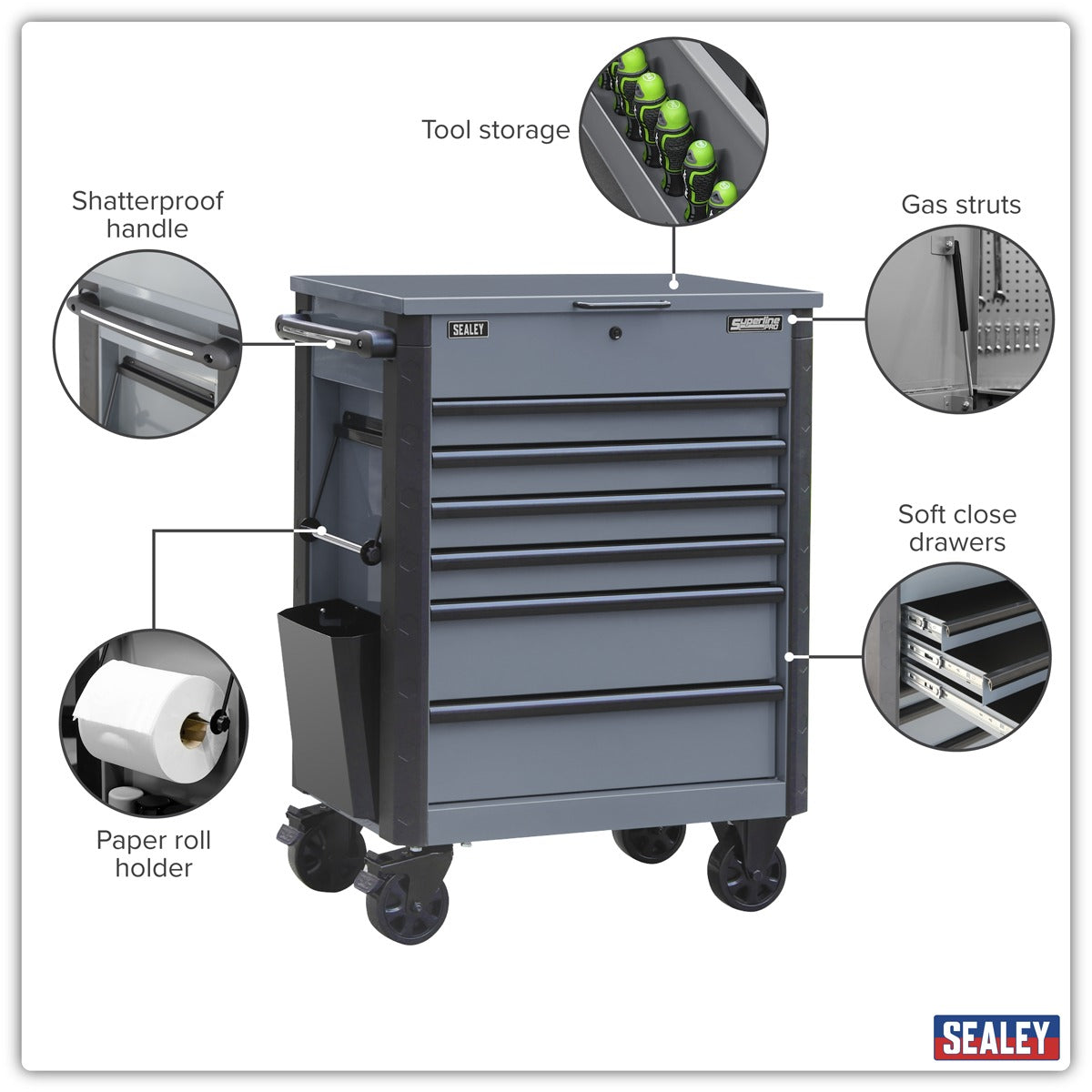 Sealey Superline Pro Tool Trolley 6 Drawer - Grey AP266G