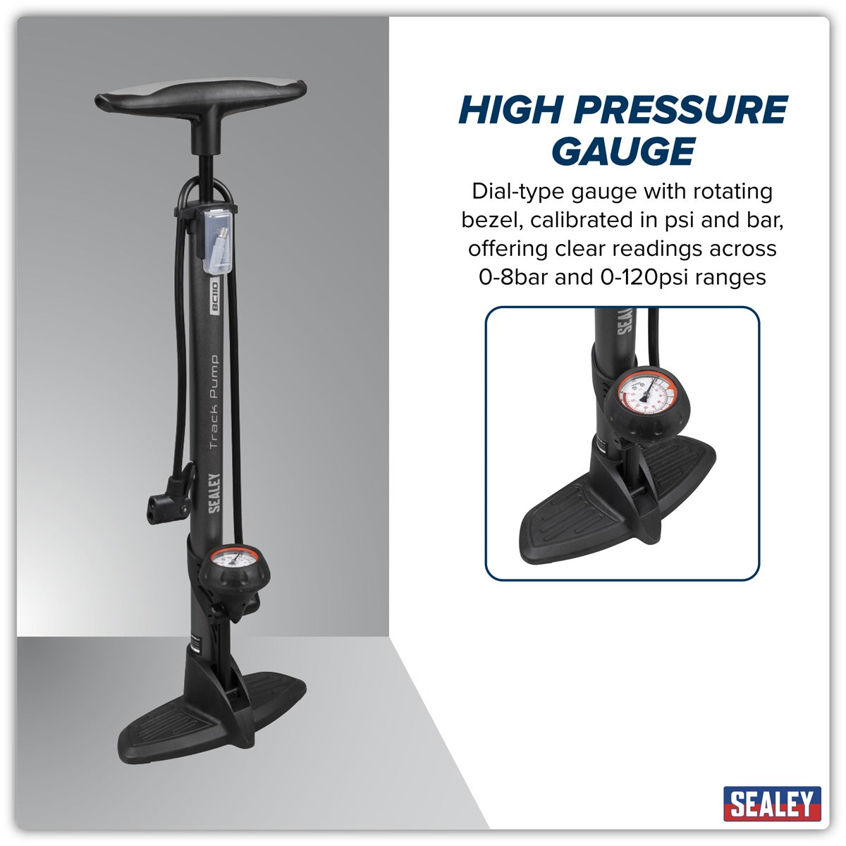 Sealey Track Pump with Dial Type Pressure Gauge BC110