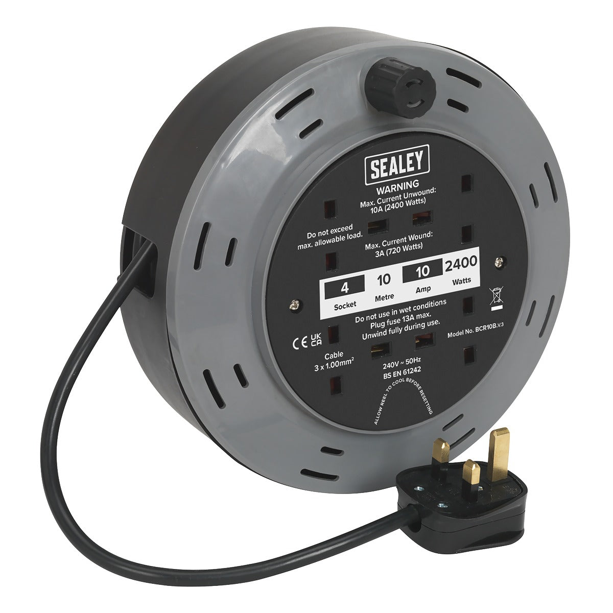 Sealey 10m Cassette Type Cable Reel with Thermal Trip 4 x 230V BCR10B