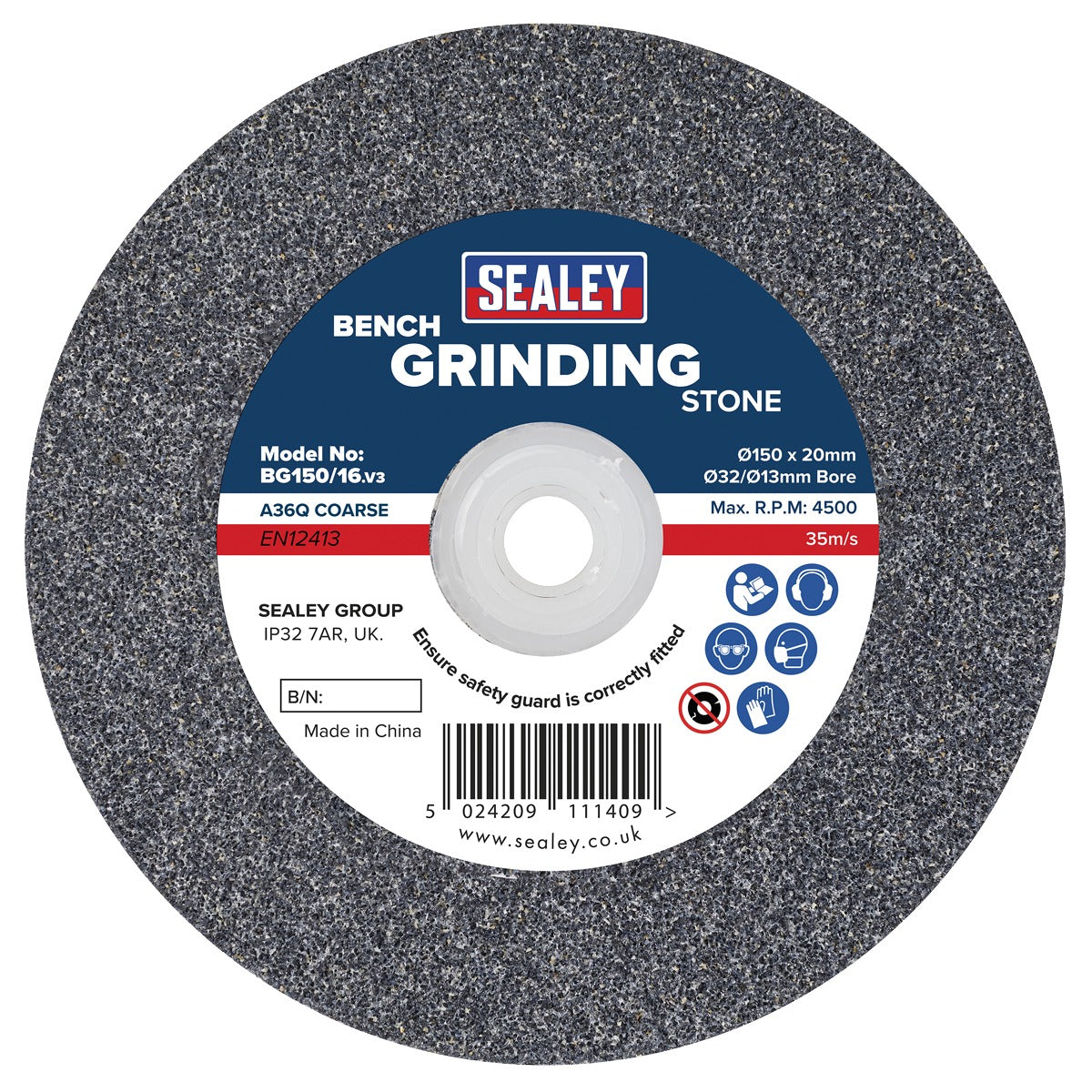 Sealey 150 x 20mm Grinding Stone 32(13)mm Bore - A36Q Coarse BG150/16